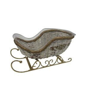 White & Gold Wicker Sleigh Basket With Metal Frame Floral Container